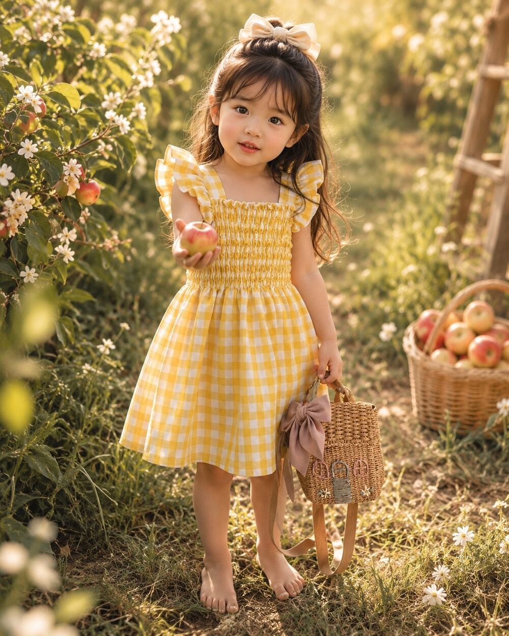 Wandering Golden Orchards Gingham Smocked Flutter Slv Dress 3T